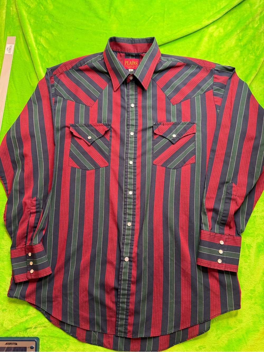 Plains Western Wear Striped Pearl Snap Shirt Sz L Navy/Red/Green